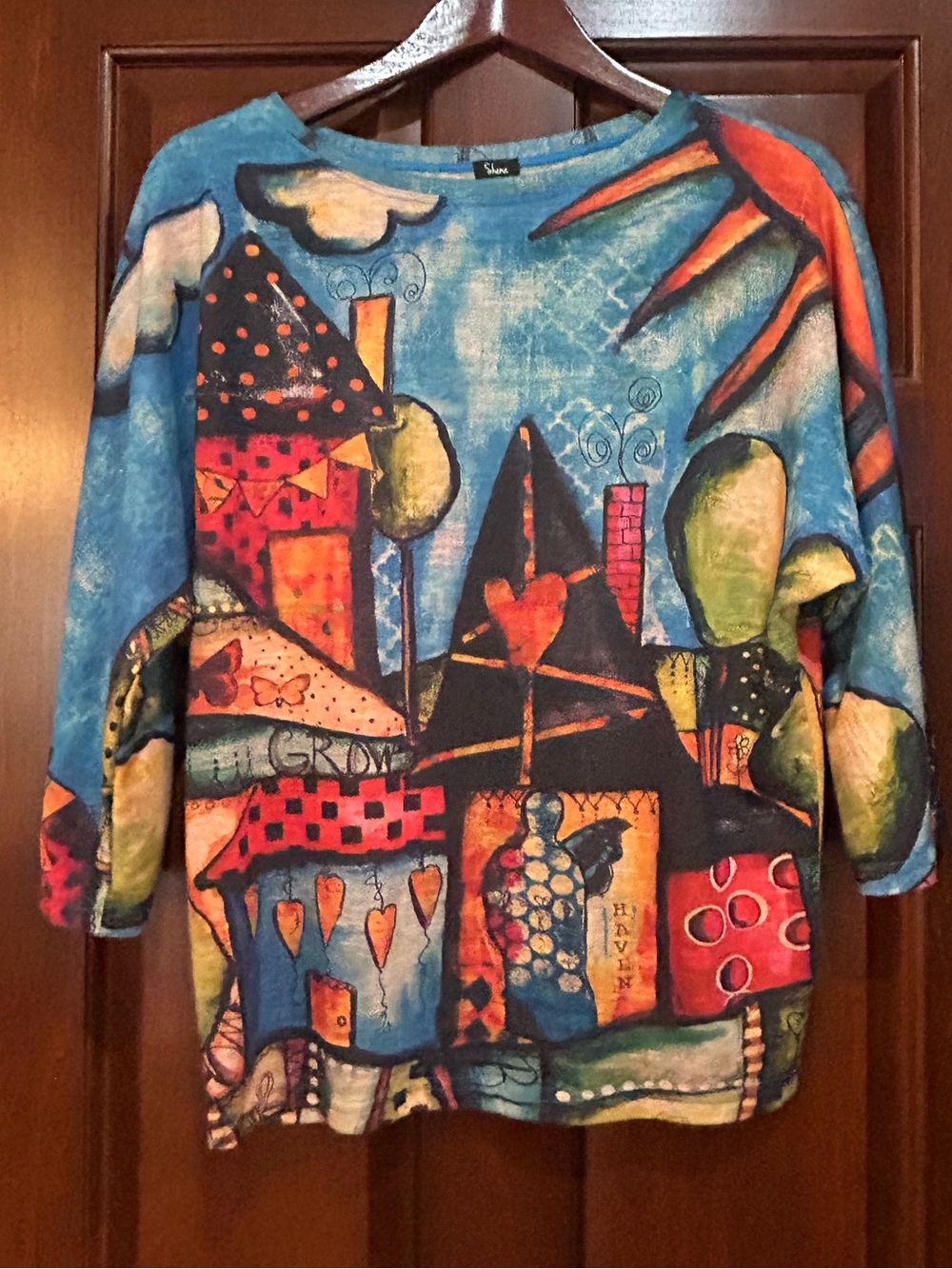 Shana Artsy Wearable Art Tunic Top Abstract Print Blue Red Black S/P